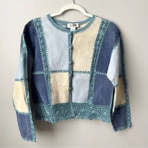 Vintage Leather Top Women's Med Cornflower Blue Patchwork Crochet Boho Cottage